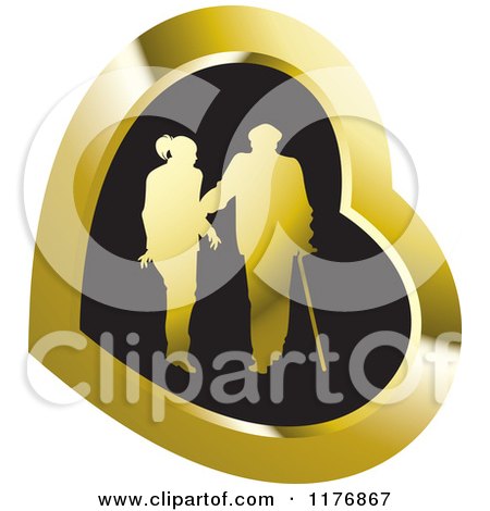 Clipart of a Silhouetted Caring Nurse Walking with a Man and a Cane in a Gold and Black Heart - Royalty Free Vector Illustration by Lal Perera