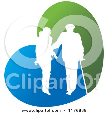 Clipart of a Silhouetted Caring Nurse Walking with a Man and a Cane on a Blue and Green Heart - Royalty Free Vector Illustration by Lal Perera
