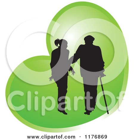 Clipart of a Silhouetted Caring Nurse Walking with a Man and a Cane over a Green Heart - Royalty Free Vector Illustration by Lal Perera