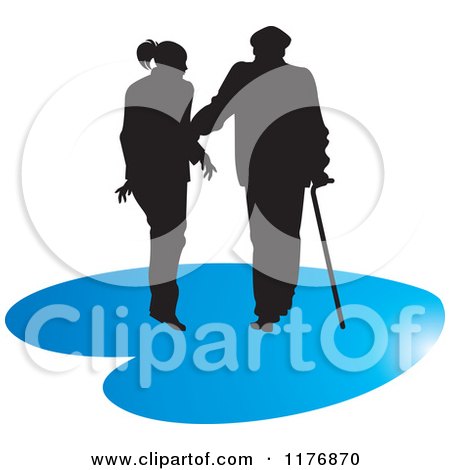 Clipart of a Silhouetted Caring Nurse Walking with a Man and a Cane on a Blue Heart - Royalty Free Vector Illustration by Lal Perera