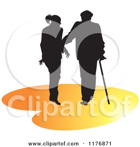 Clipart of a Silhouetted Caring Nurse Walking with a Man and a Cane on an Orange Heart - Royalty Free Vector Illustration by Lal Perera