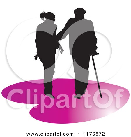 Clipart of a Silhouetted Caring Nurse Walking with a Man and a Cane on a Purple Heart - Royalty Free Vector Illustration by Lal Perera
