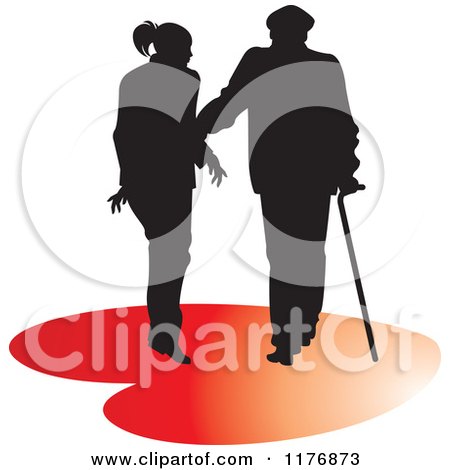 Clipart of a Silhouetted Caring Nurse Walking with a Man and a Cane on a Red Heart - Royalty Free Vector Illustration by Lal Perera