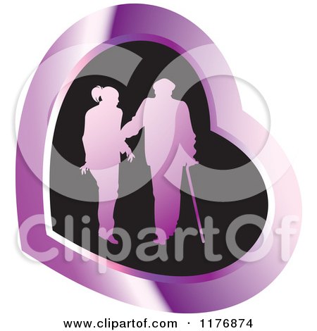 Clipart of a Silhouetted Caring Nurse Walking with a Man and a Cane over a Black and Purple Heart - Royalty Free Vector Illustration by Lal Perera