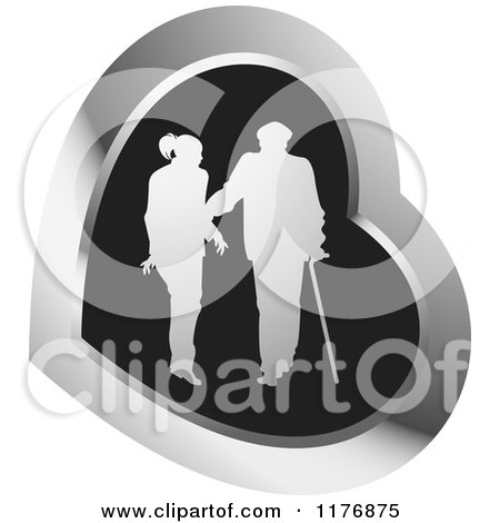 Clipart of a Silhouetted Caring Nurse Walking with a Man and a Cane in a Black and Silver Heart - Royalty Free Vector Illustration by Lal Perera
