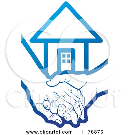 Clipart of a Blue Young Hand Holding a Senior Hand with a House - Royalty Free Vector Illustration by Lal Perera