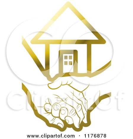 Clipart of a Gold Young Hand Holding a Senior Hand with a House - Royalty Free Vector Illustration by Lal Perera