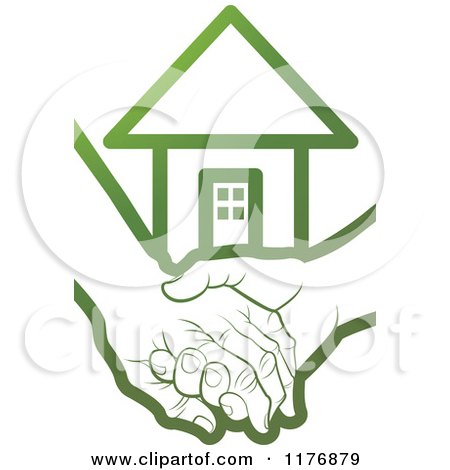 Clipart of a Green Young Hand Holding a Senior Hand with a House - Royalty Free Vector Illustration by Lal Perera