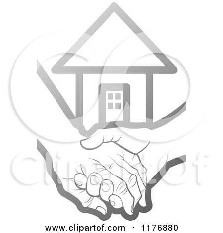 Clipart of a Silver Young Hand Holding a Senior Hand with a House - Royalty Free Vector Illustration by Lal Perera