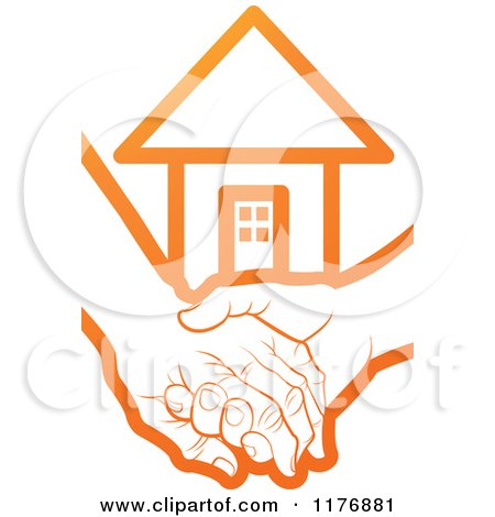 Clipart of an Orange Young Hand Holding a Senior Hand with a House - Royalty Free Vector Illustration by Lal Perera