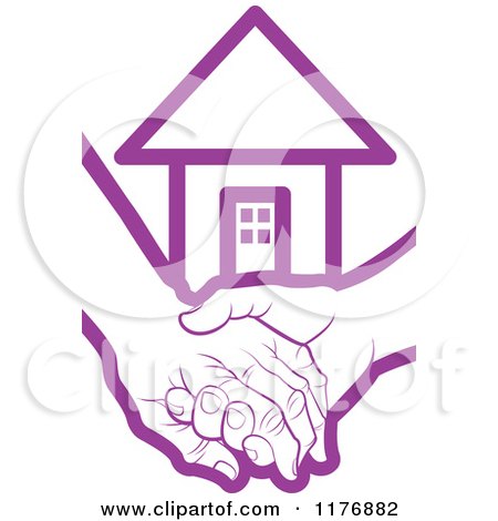 Clipart of a Purple Young Hand Holding a Senior Hand with a House - Royalty Free Vector Illustration by Lal Perera