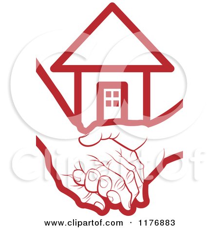 Clipart of a Red Young Hand Holding a Senior Hand with a House - Royalty Free Vector Illustration by Lal Perera