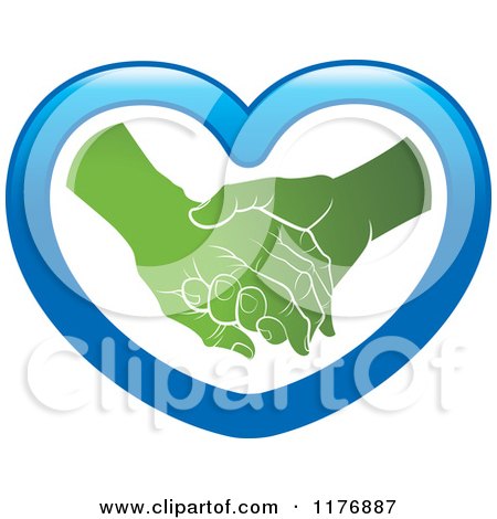 Clipart of a Green Young Hand Holding a Senior Hand in a Blue Heart - Royalty Free Vector Illustration by Lal Perera