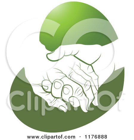 Clipart of a Young Hand Holding a Senior Hand on a Green Heart - Royalty Free Vector Illustration by Lal Perera