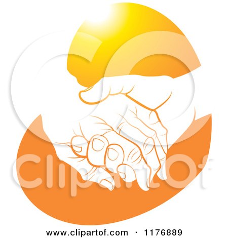 Clipart of a Young Hand Holding a Senior Hand on an Orange Heart - Royalty Free Vector Illustration by Lal Perera