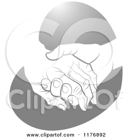 Clipart of a Young Hand Holding a Senior Hand on a Silver Heart - Royalty Free Vector Illustration by Lal Perera