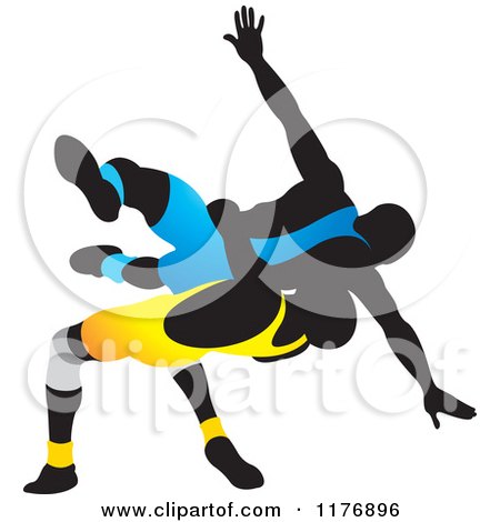 Clipart of Silhouetted Wrestlers in Blue and Yellow Uniforms - Royalty Free Vector Illustration by Lal Perera