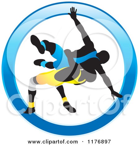 Clipart of Silhouetted Wrestlers in Blue and Yellow Uniforms in a Blue Circle - Royalty Free Vector Illustration by Lal Perera