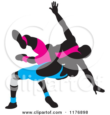 Clipart of Silhouetted Wrestlers in Pink and Blue Uniforms - Royalty Free Vector Illustration by Lal Perera