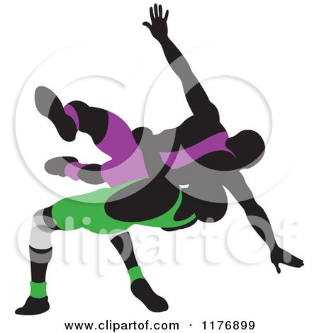 Clipart of Silhouetted Wrestlers in Purple and Green Uniforms - Royalty Free Vector Illustration by Lal Perera