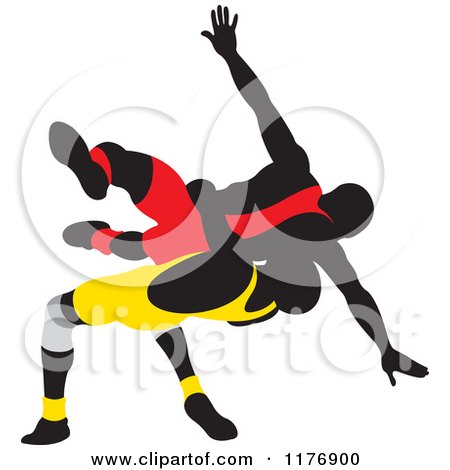 Clipart of Silhouetted Wrestlers in Red and Yellow Uniforms - Royalty Free Vector Illustration by Lal Perera
