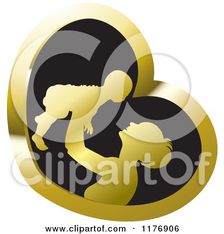 Clipart of a Nurturing Mother Holding up a Baby in a Gold and Black Heart - Royalty Free Vector Illustration by Lal Perera