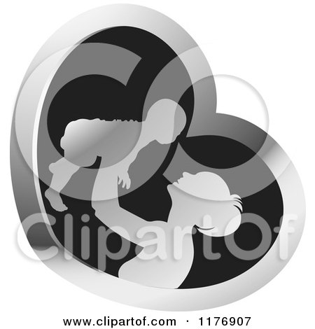 Clipart of a Nurturing Mother Holding up a Baby in a Silver and Black Heart - Royalty Free Vector Illustration by Lal Perera