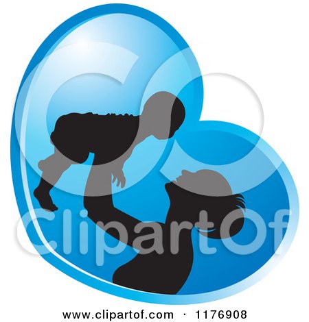 Clipart of a Nurturing Mother Holding up a Baby in a Blue Heart - Royalty Free Vector Illustration by Lal Perera