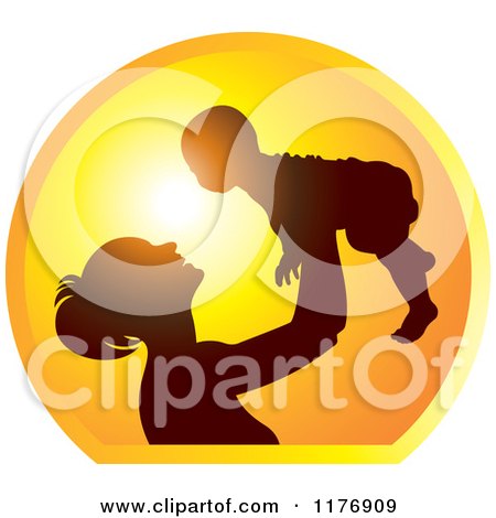 Clipart of a Nurturing Mother Holding up a Baby Against a Sunset - Royalty Free Vector Illustration by Lal Perera