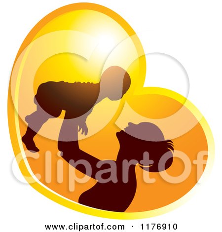 Clipart of a Nurturing Mother Holding up a Baby in a Sunset Heart - Royalty Free Vector Illustration by Lal Perera
