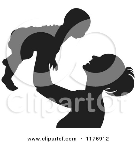 Clipart of a Nurturing Silhouetted Mother Holding up a Baby - Royalty Free Vector Illustration by Lal Perera