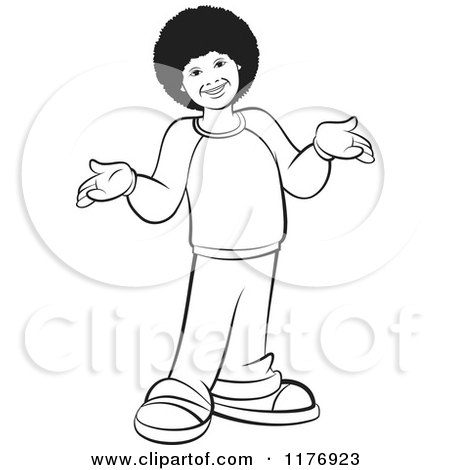 Clipart of a Black and White Happy Boy with a Fro, Laughing and Shrugging - Royalty Free Vector Illustration by Lal Perera