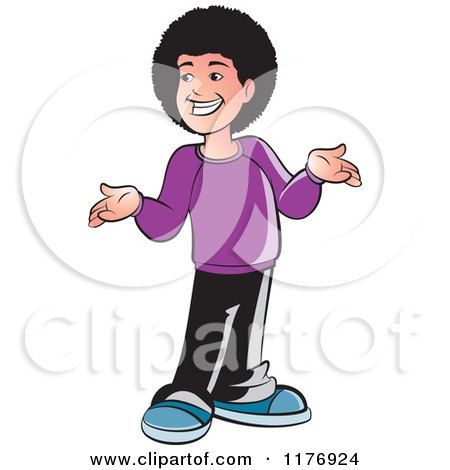 Clipart of a Happy Smiling and Shrugging Boy with a Fro - Royalty Free Vector Illustration by Lal Perera