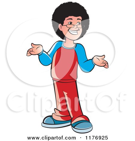 Clipart of a Happy Boy with a Fro and Glasses, Smiling and Shrugging - Royalty Free Vector Illustration by Lal Perera