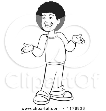 Clipart of a Black and White Happy Boy with a Fro, Smiling and Shrugging - Royalty Free Vector Illustration by Lal Perera