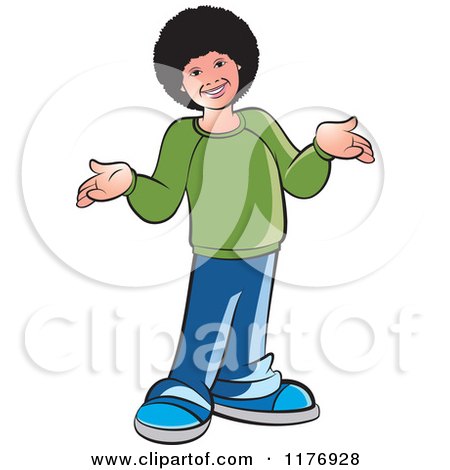 Clipart of a Happy Boy with a Fro, Smiling and Shrugging - Royalty Free Vector Illustration by Lal Perera