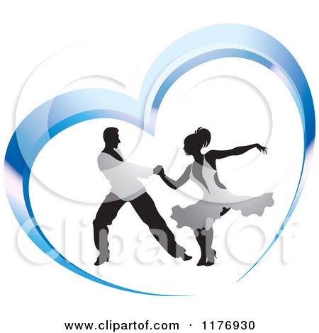 Clipart of a Ballroom Dancer Couple in Silver Outfits, Dancing in a Blue Heart - Royalty Free Vector Illustration by Lal Perera
