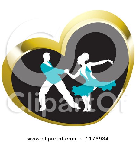 Clipart of a Ballroom Dancer Couple in Turquoise Outfits, Dancing in a Gold Heart - Royalty Free Vector Illustration by Lal Perera