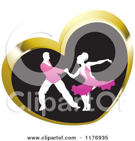Clipart of a Ballroom Dancer Couple in Pink Outfits, Dancing in a Gold Heart - Royalty Free Vector Illustration by Lal Perera