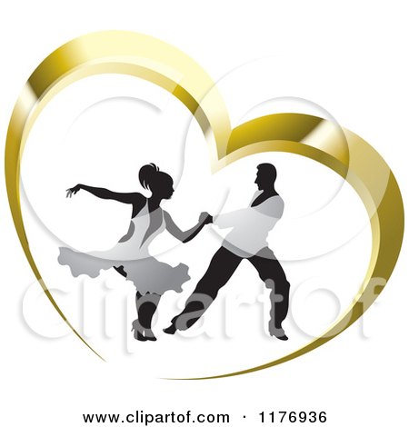 Clipart of a Ballroom Dancer Couple in Silver Outfits, Dancing in a Gold Heart - Royalty Free Vector Illustration by Lal Perera