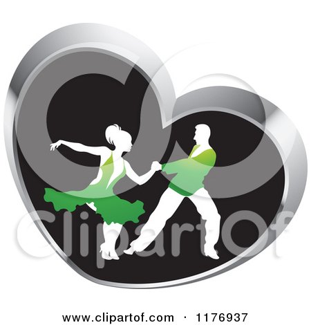 Clipart of a Ballroom Dancer Couple in Green Outfits, Dancing in a Silver Heart - Royalty Free Vector Illustration by Lal Perera