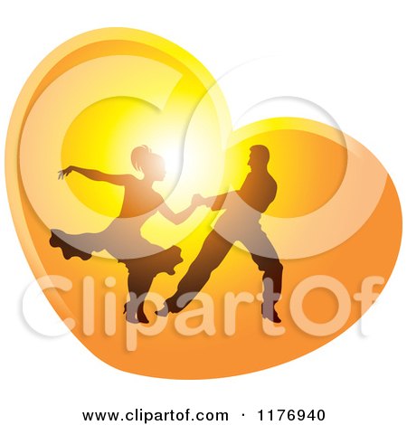 Clipart of a Silhouetted Ballroom Dancer Couple Dancing in a Sunset Heart - Royalty Free Vector Illustration by Lal Perera
