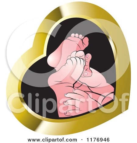 Clipart of White Baby Feet over Blak in a Gold Heart - Royalty Free Vector Illustration by Lal Perera