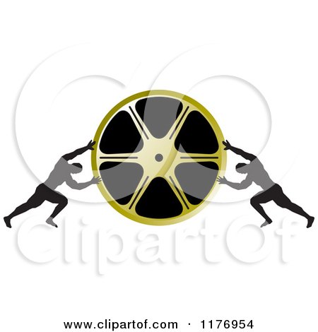 Two Men Pushing Inward on a Gold Film Reel Posters, Art Prints by -  Interior Wall Decor #1176954