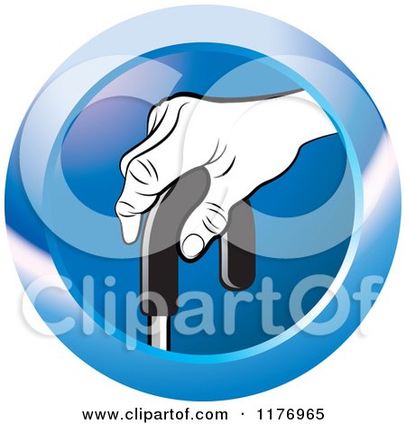 Clipart of a Black and White Senior Hand on a Cane on a Blue Icon - Royalty Free Vector Illustration by Lal Perera