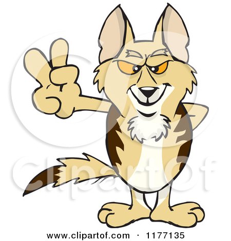 Cartoon of a Peaceful Jackal Smiling and Gesturing the Peace Sign - Royalty Free Vector Clipart by Dennis Holmes Designs