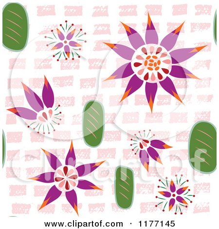 Clipart of a Seamless Background Pattern of Purple Flowers and Leaves on Pink - Royalty Free Vector Illustration by Cherie Reve