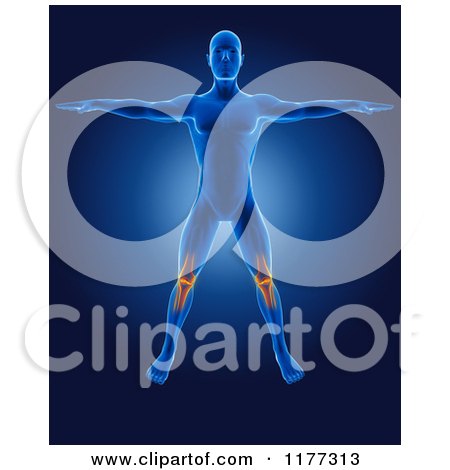 Clipart of a 3d Xray Man Standing with Glowing Knee Joints and Visible Skeleton - Royalty Free CGI Illustration by KJ Pargeter