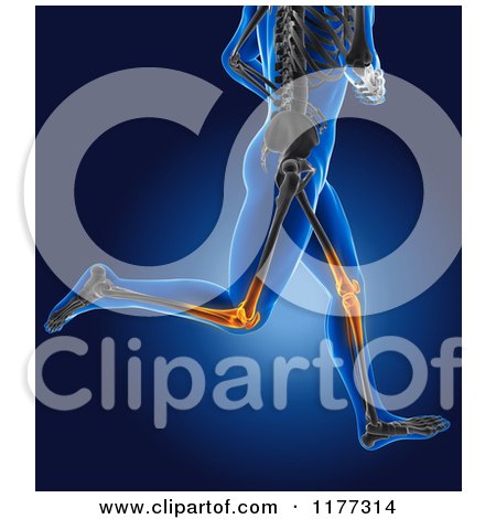 Clipart of a 3d Xray Man Running with Glowing Knee Joints and Visible Skeleton - Royalty Free CGI Illustration by KJ Pargeter