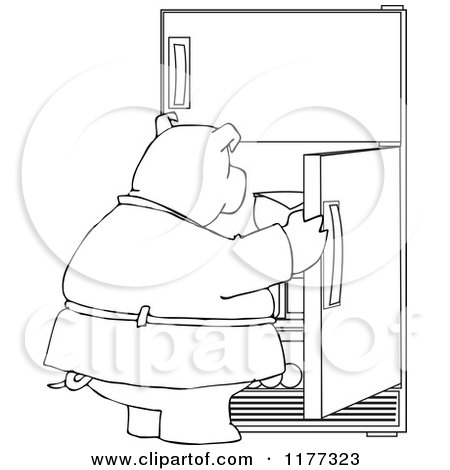 Cartoon of an Outlined Fat Pig Staring into a Fridge - Royalty Free Vector Clipart by djart